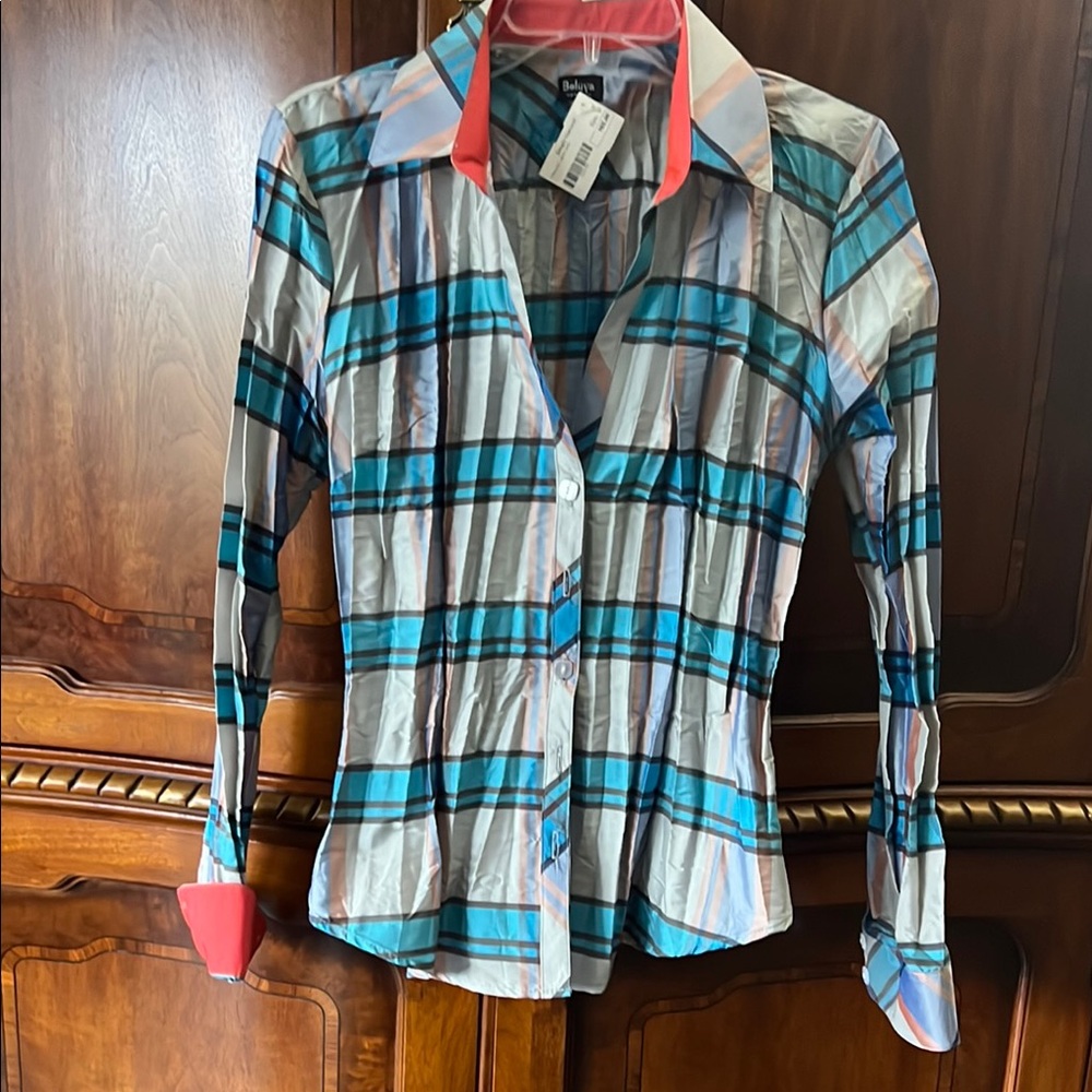 Blue and White Fitted Button Down Blouse